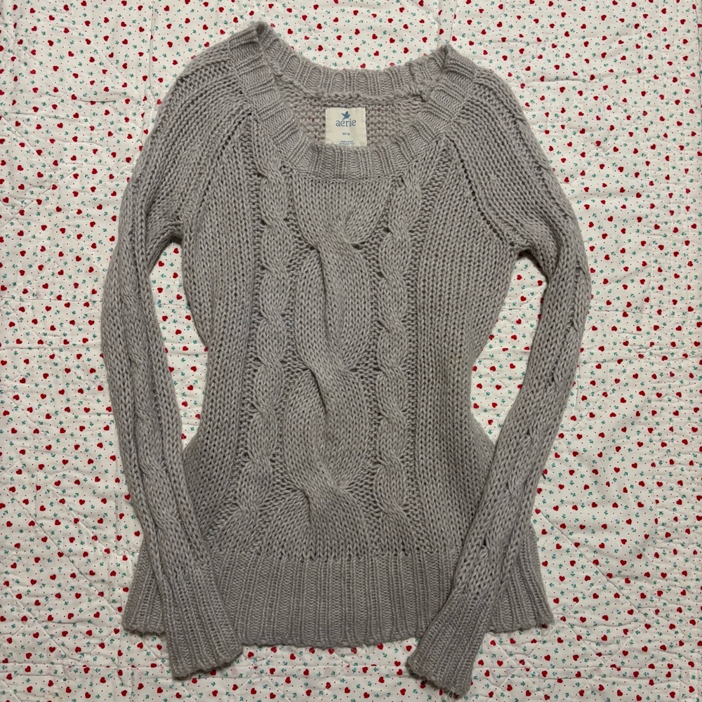 Y2K Aerie Wool Blend Grey Cable Knit Sweater 2000s Vintage Cottagecore Cabincore